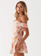 Aries Off Shoulder Linen Mini Dress - Pink Floral