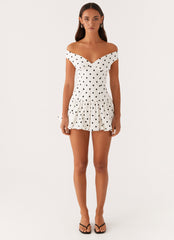 Endless Romance Off Shoulder Mini Dress - White Polka Dot