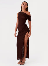 Ciara One Shoulder Draped Maxi Dress - Chocolate