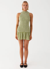 Cassie shirred Mini Dress - Khaki Gingham