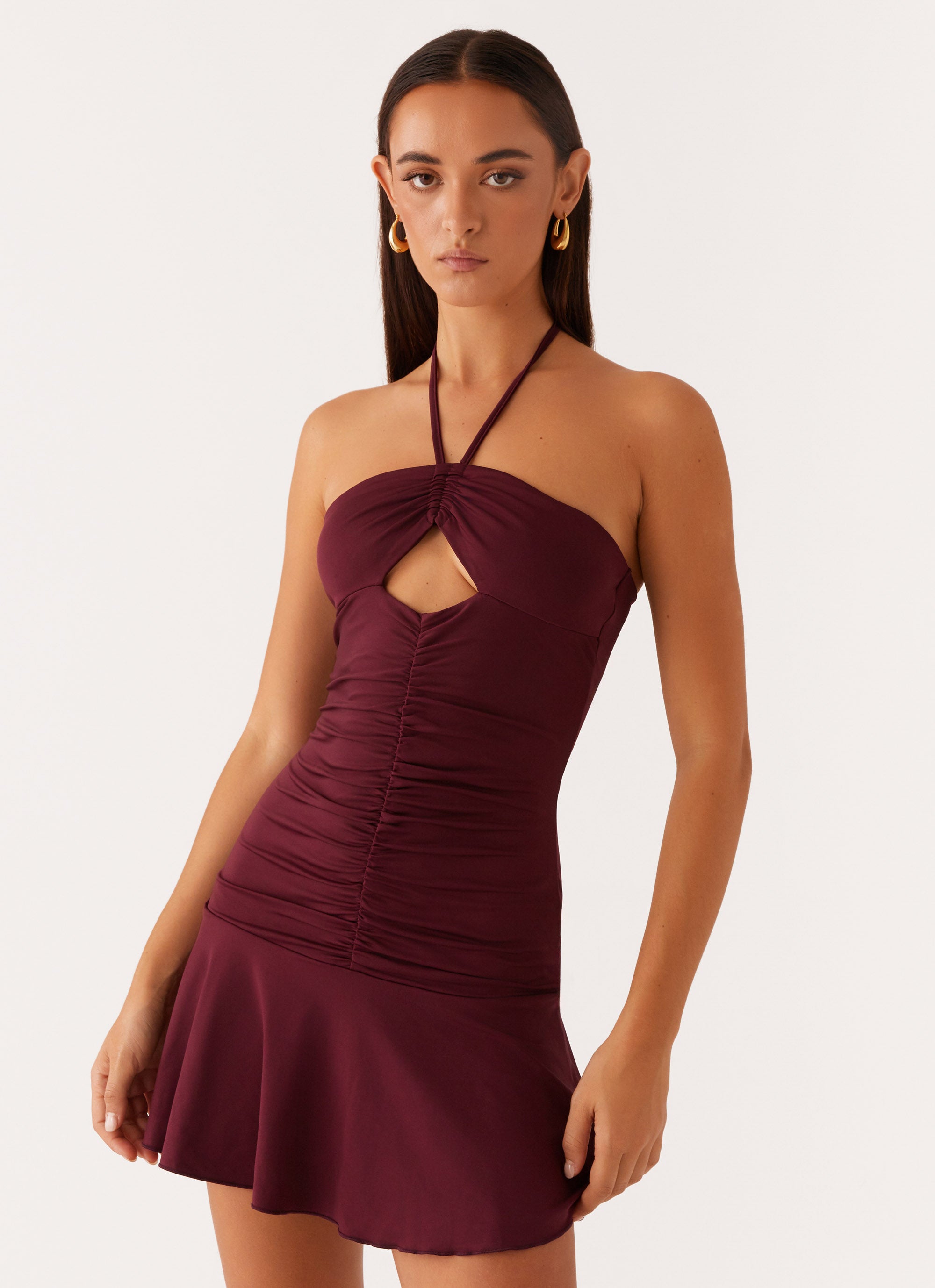 Katrina Halterneck Mini Dress - Deep Maroon