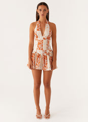 Sunset Ballad Linen Mini Dress - Orange Blue Floral